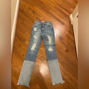 Custom Made Tribe Kelley Distressed Two Tone Patched Seamed Blue Jeans size 28